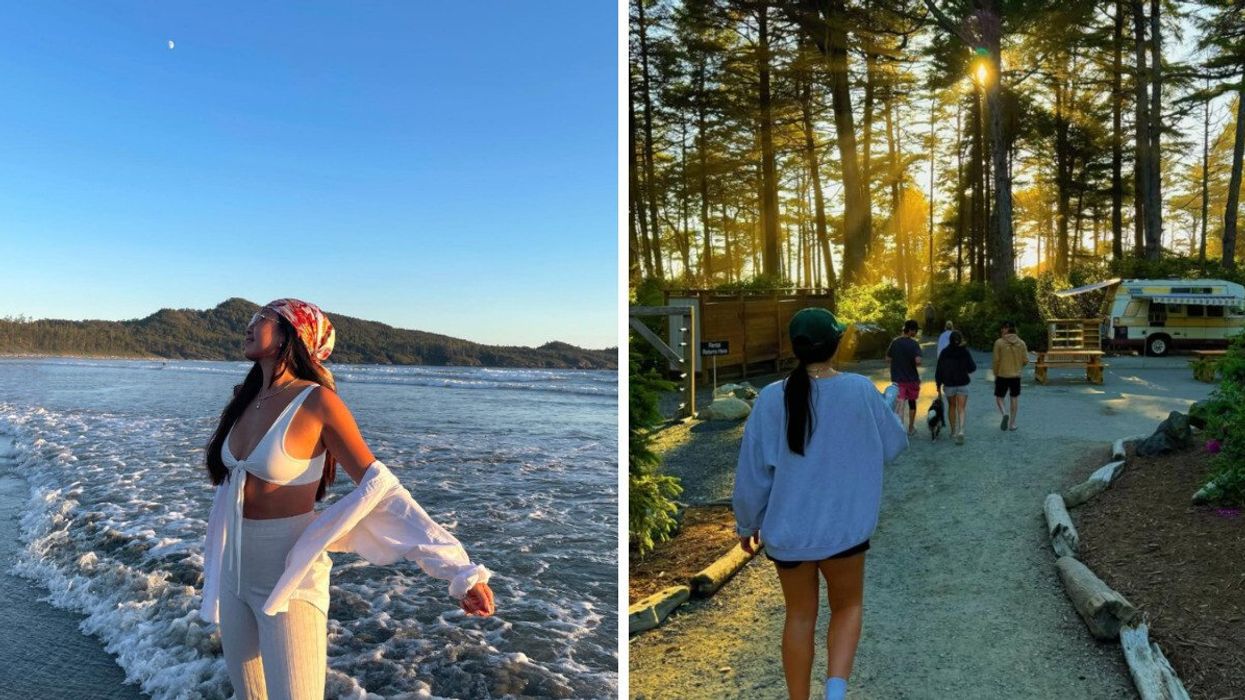 Person on a beach. Right: People walking in a forest.