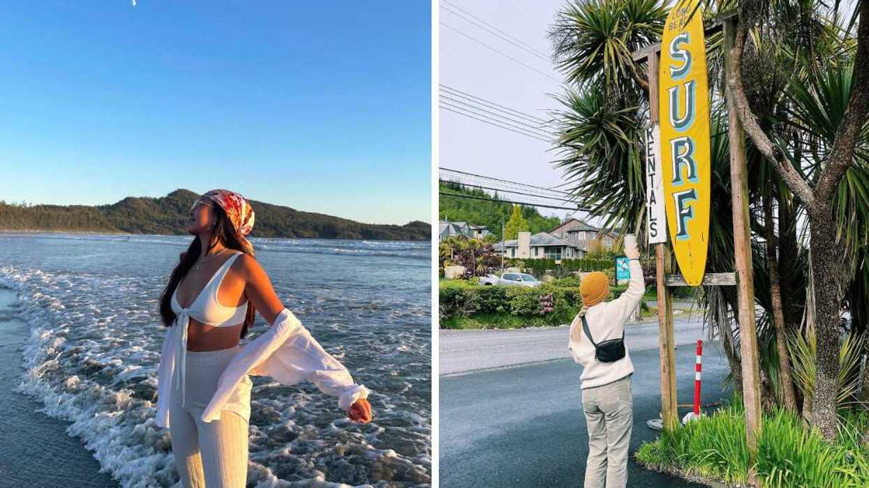 Person on a beach. Right: Person by a surf shop sign.