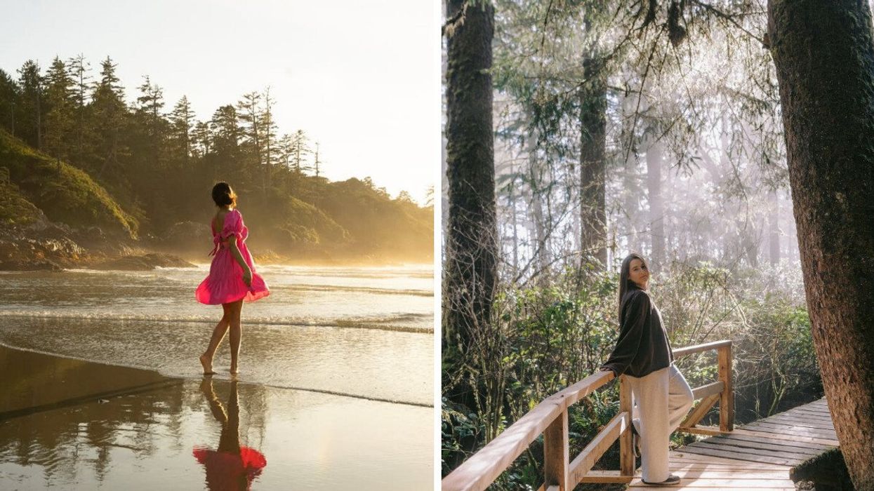 Person on a beach. Right: Someone on a boardwalk trail in the forest of Vancouver Island.