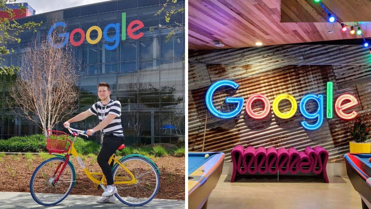 Person on a bike outside a Google office. Right: Google sign in lounge.