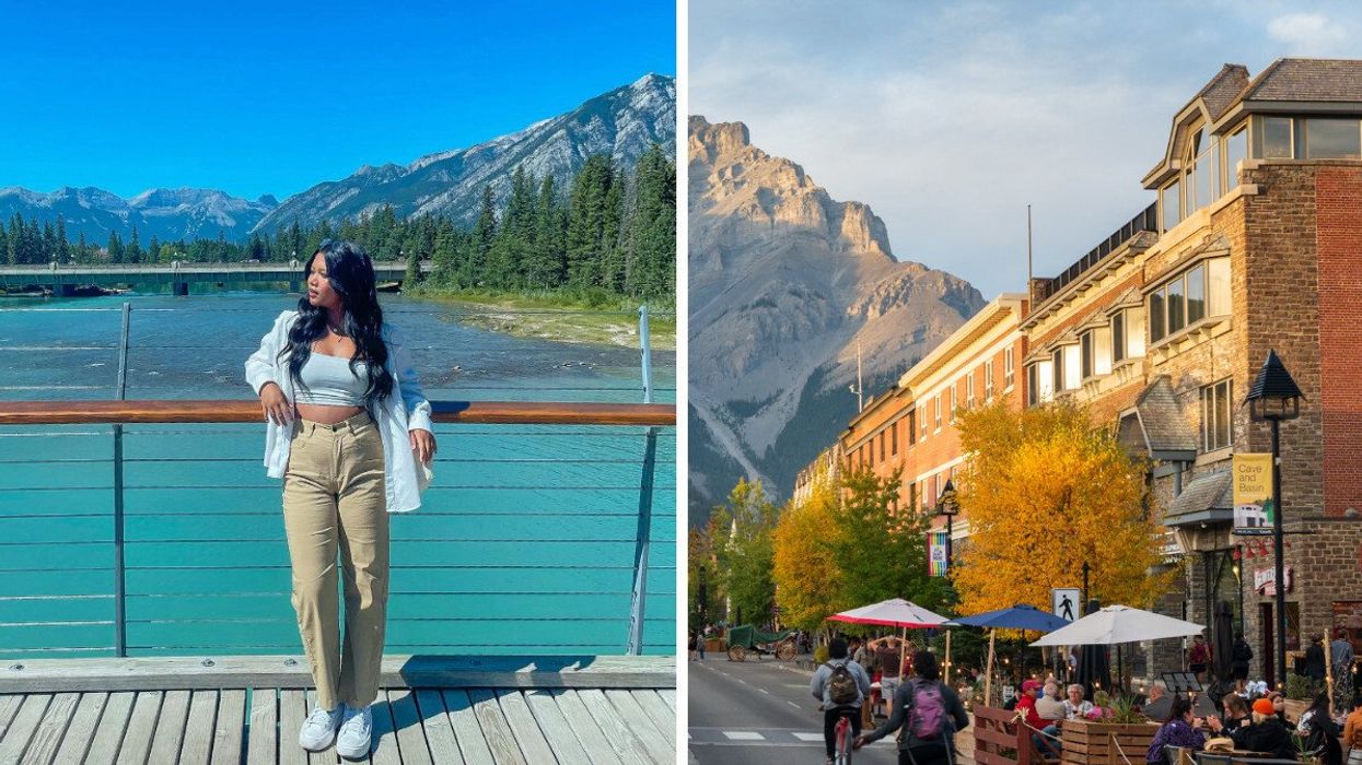 Person on a bridge. Right: A cute small town.