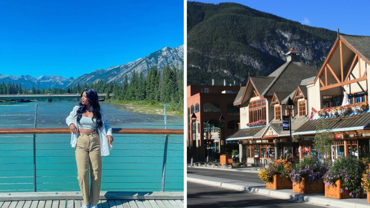 Person on a bridge. Right: A small town street.
