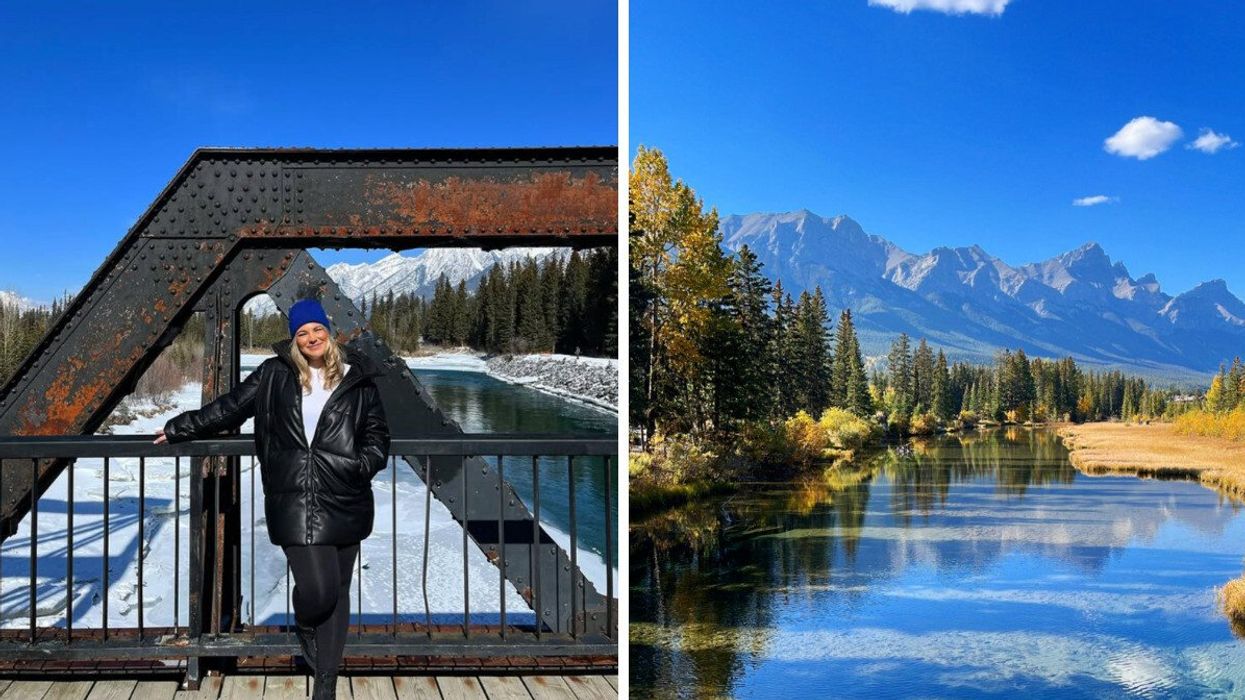 Person on a bridge. Right: Mountains.