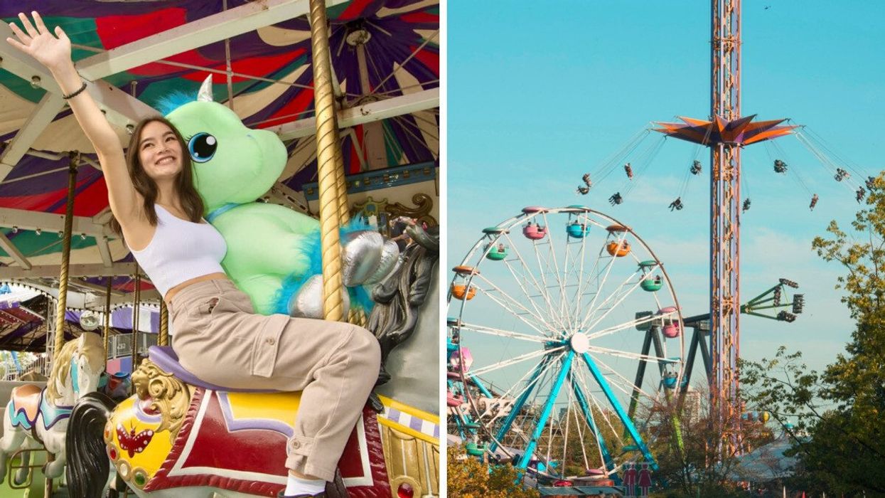 Person on a carnival ride. Right: An amusement park.