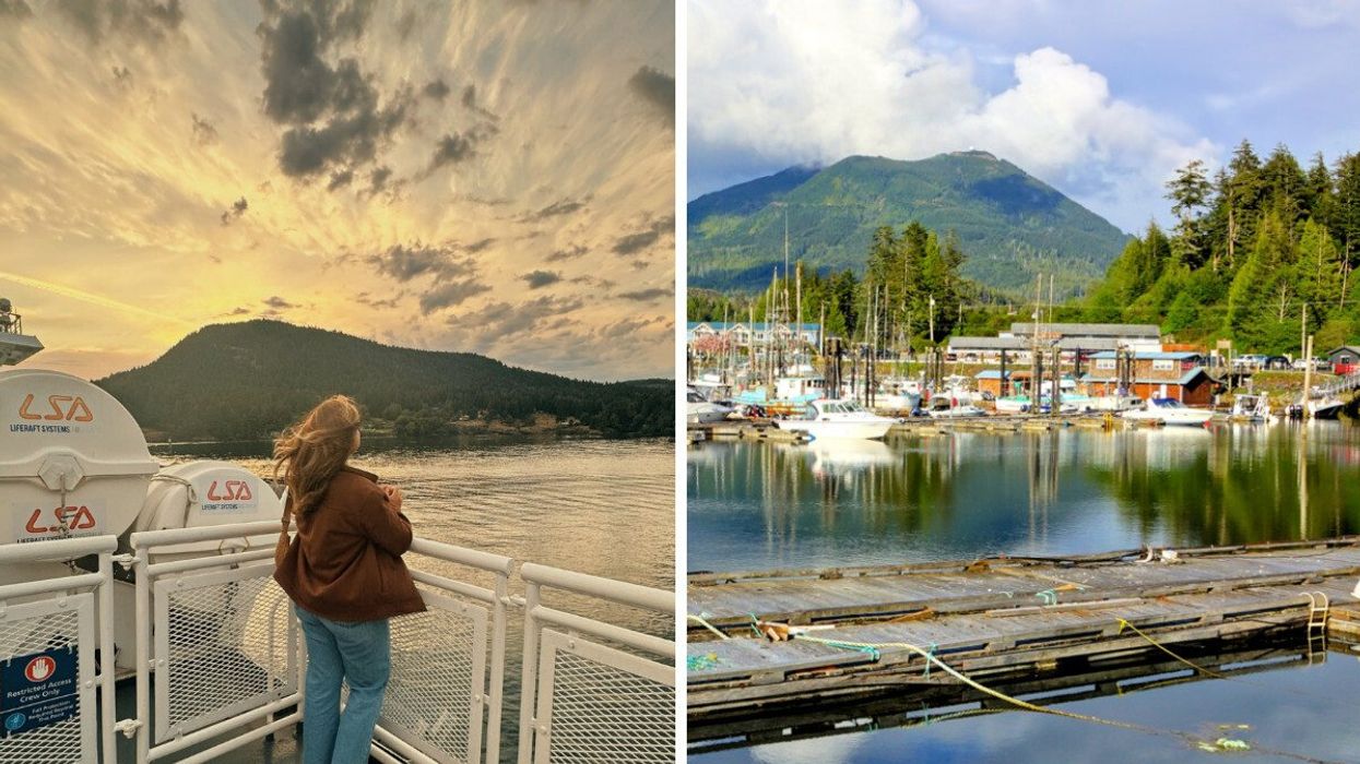 Person on a ferry boat. Right: A harbour with boats.