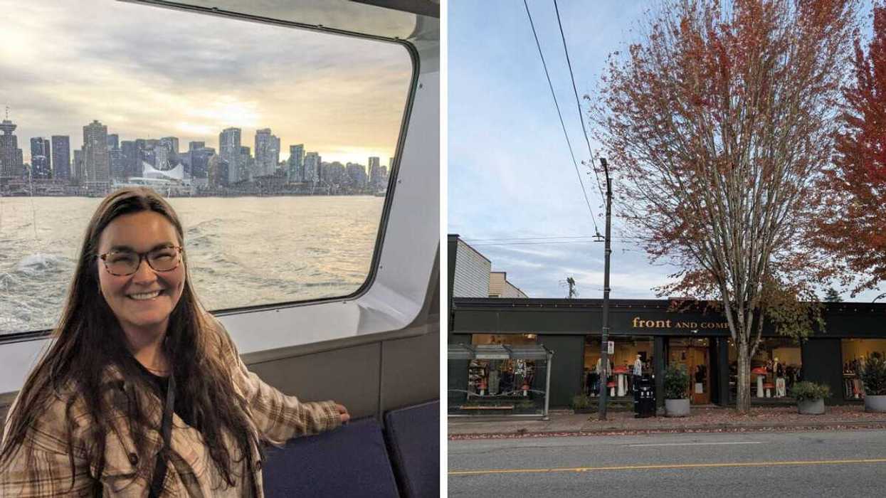 Person on a ferry in Vancouver. Right: A shop in Vancouver.
