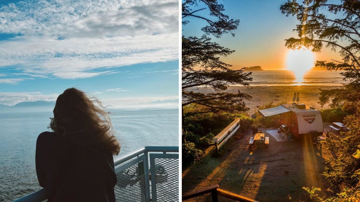 Person on a ferry. right: A campsite.
