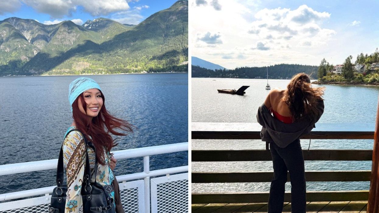 Person on a ferry. Right: Someone near the water.