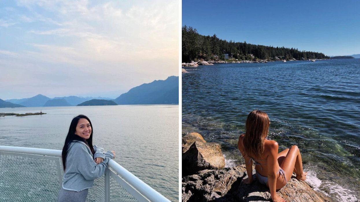 Person on a ferry with mountains in the backround. Right: Someone on a rock by the ocean.