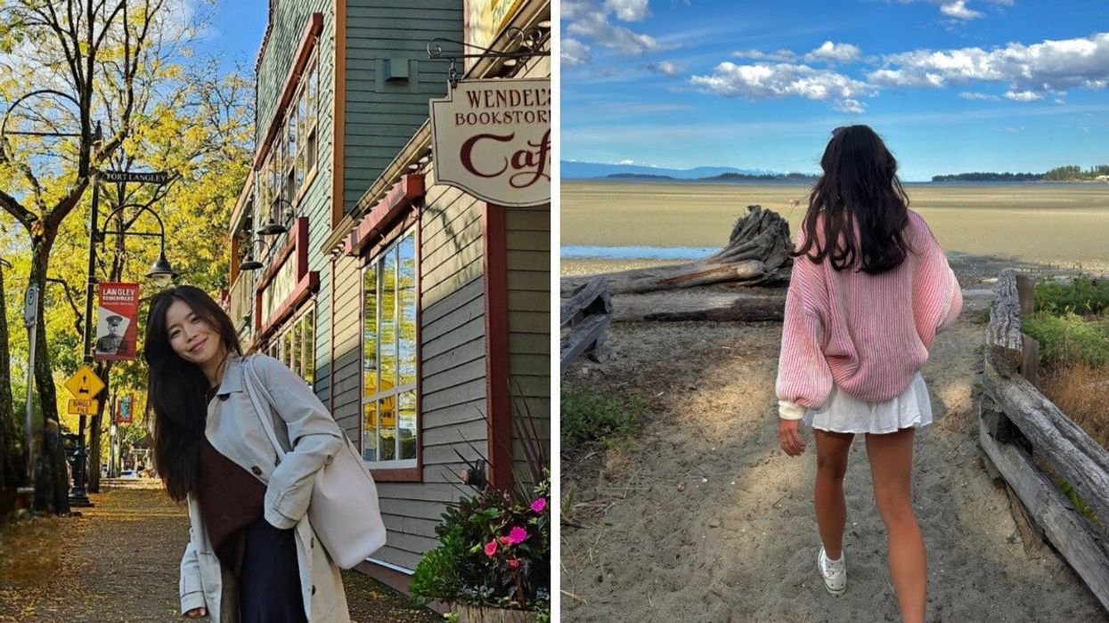 Person on a Fort Langley street. Right: Someone walking on a beach.