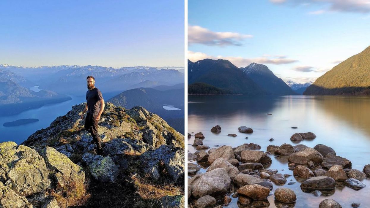 Person on a hike in Golden Ears Provincial Park. Right: Lake in Golden Ears Provincial Park.