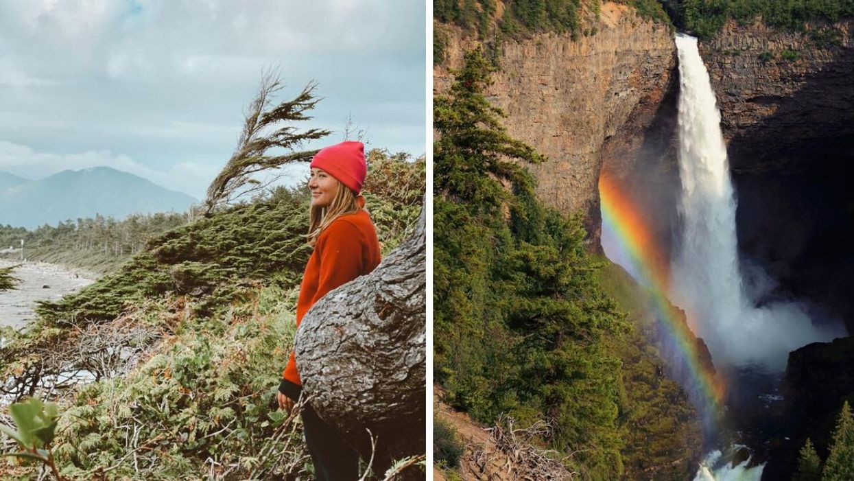 Person on a hike in Tofino. Right: Helmcken Falls in Wells Gray Provincial Park, B.C.