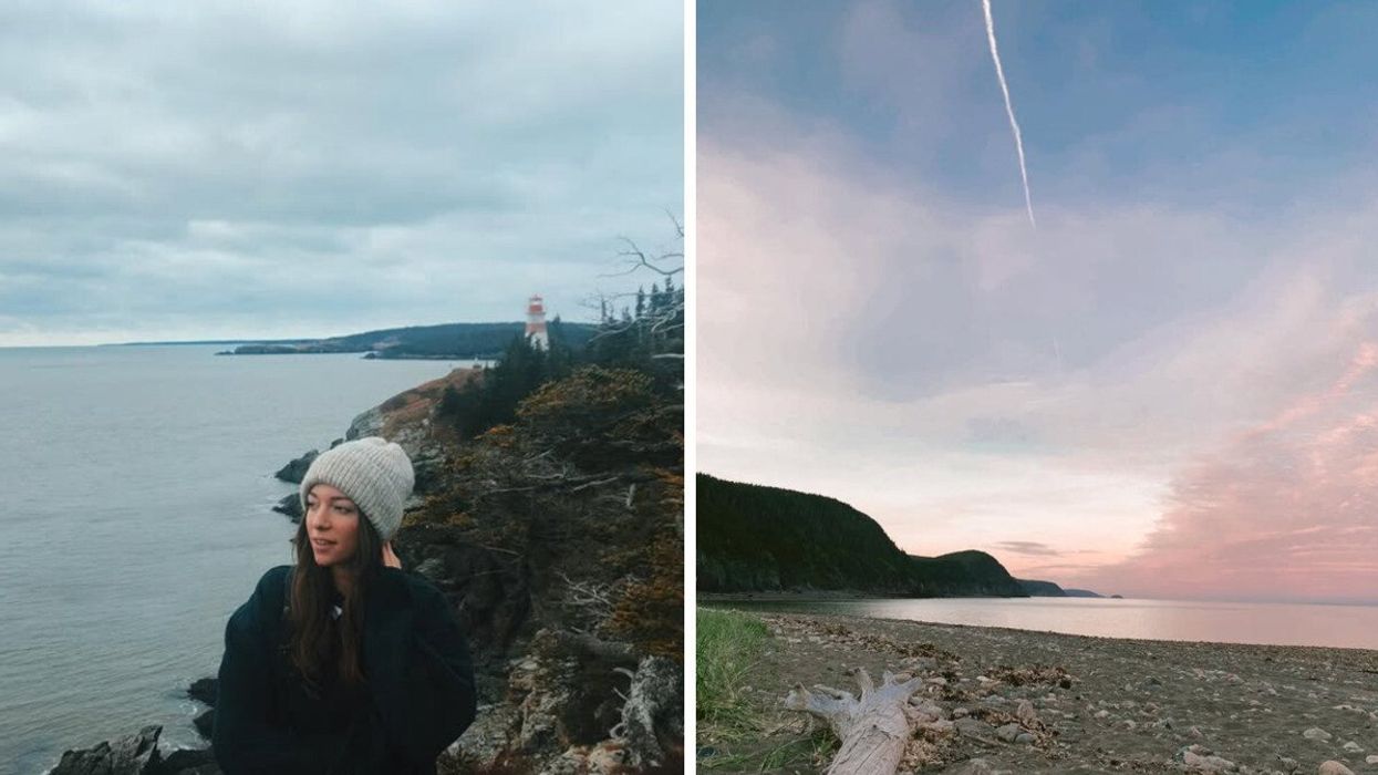 Person on a hike. Right: A beach with mountains.