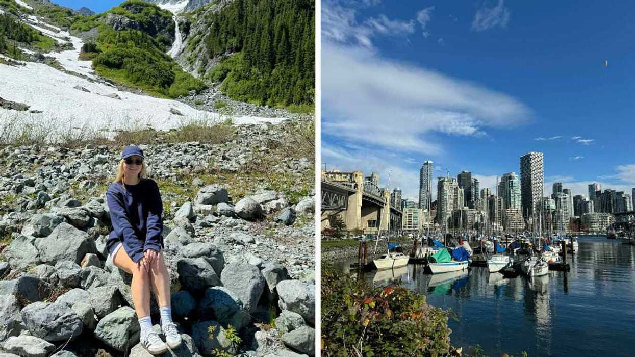 Person on a hike. Right: Vancouver city.