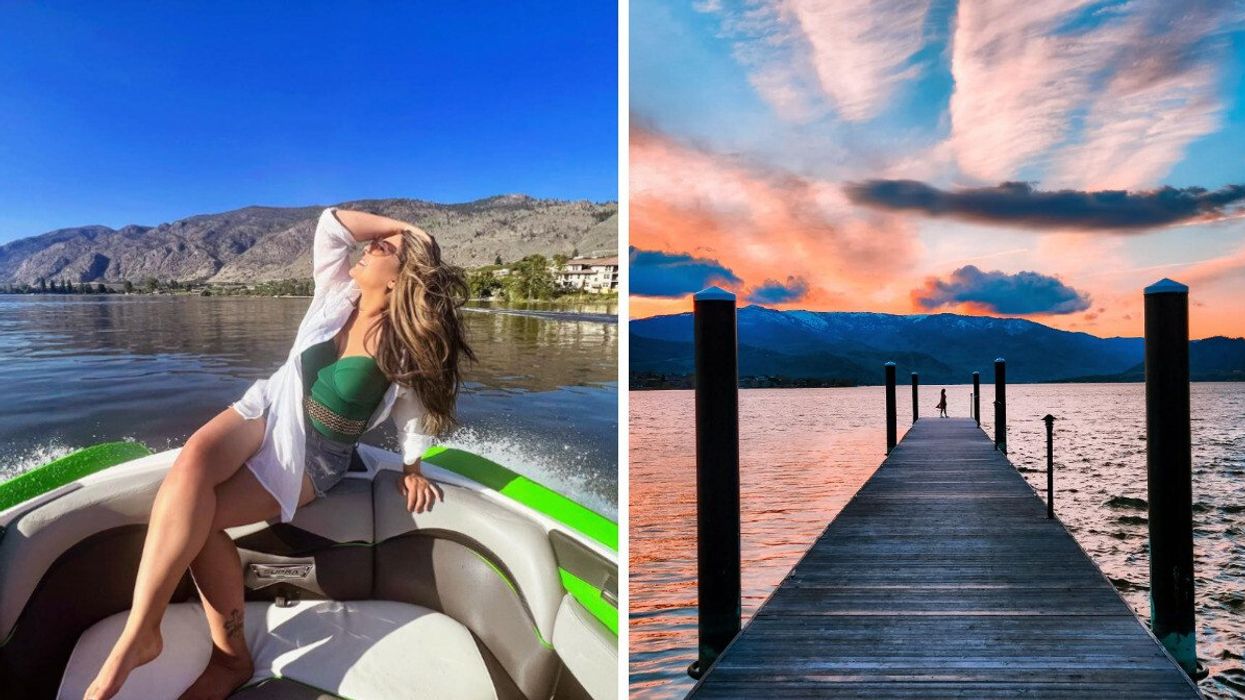 Person on a lake. Right: A dock on a lake.