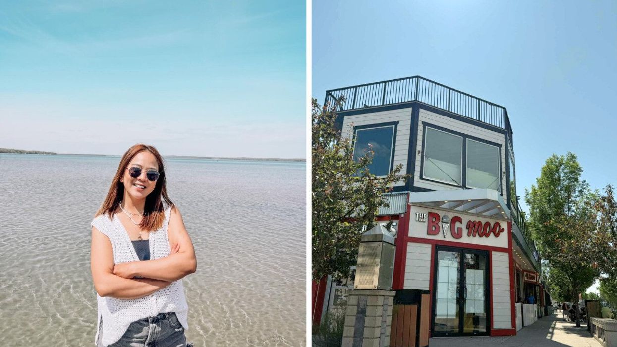 Person on a lake. Right: An ice cream shop.