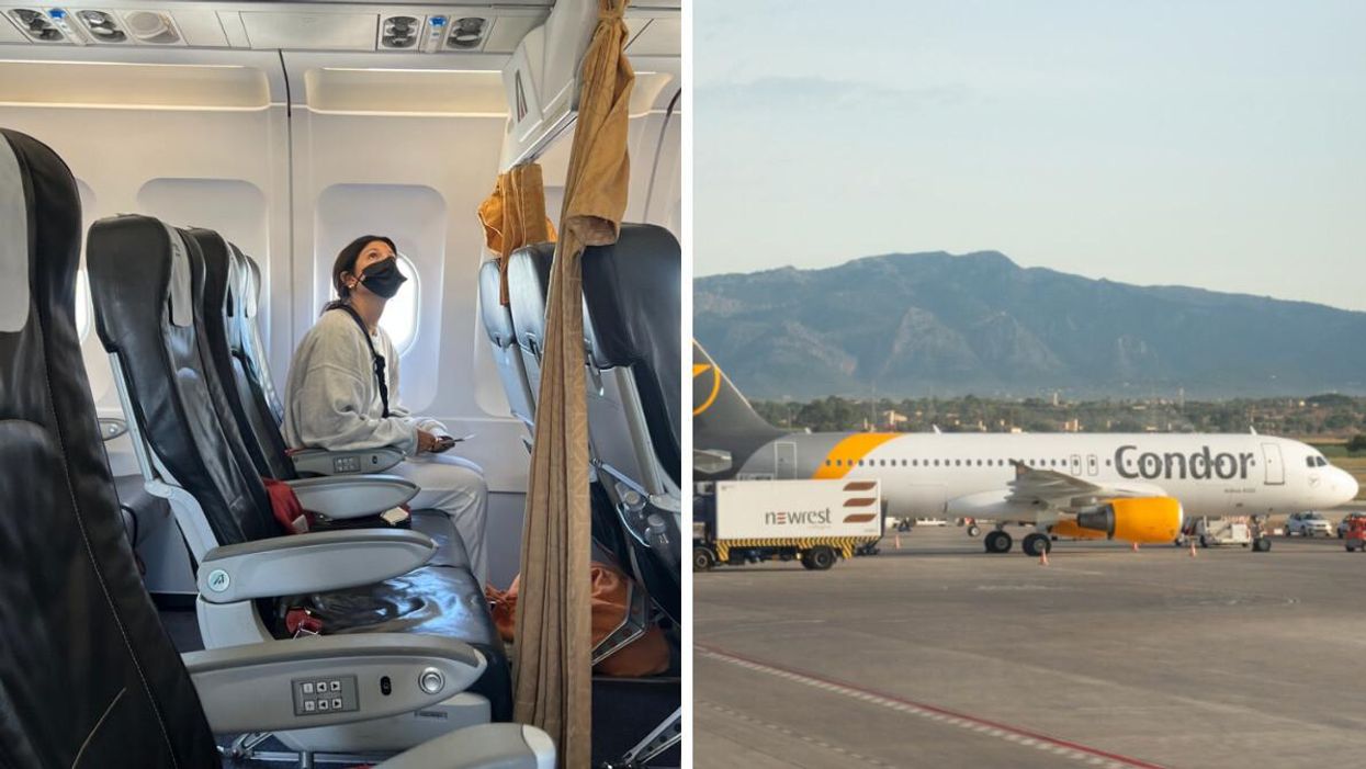 Person on a plane. Right: Condor airplane.