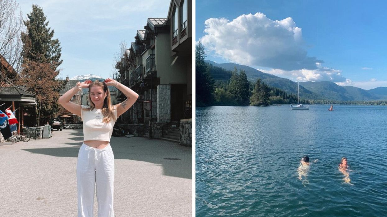 Person on a road. Right: Two people swimming in a lake.