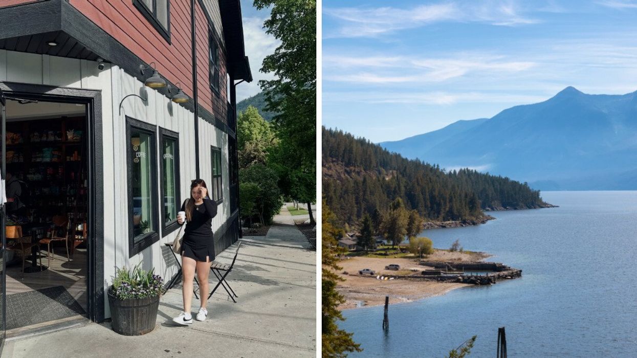 Person on a sidewalk. Right: A lake.