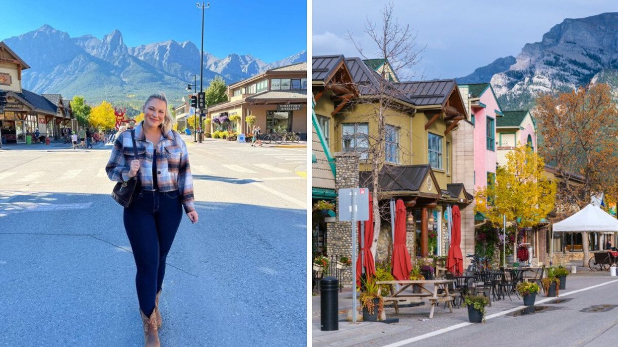 Person on a street in a town. Right: A town street.