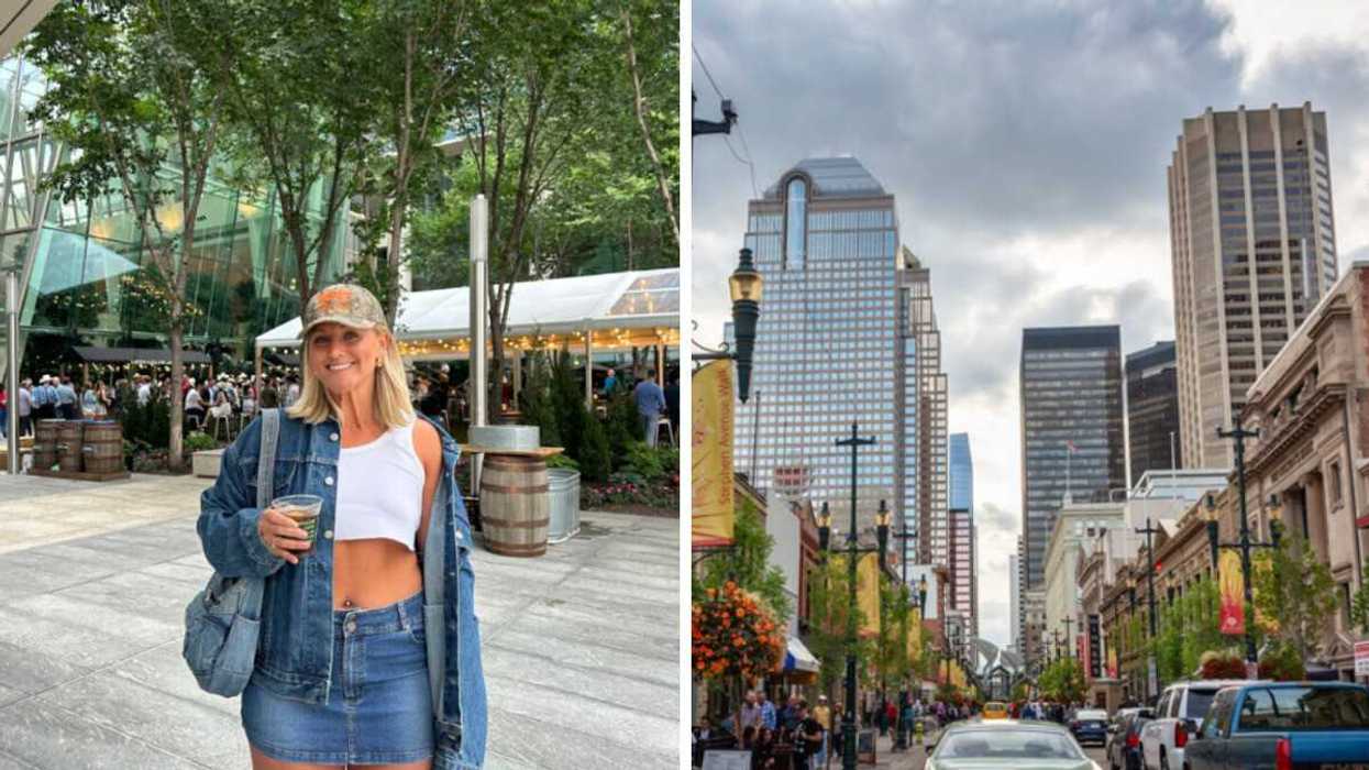 Person on a street. Right: A city.