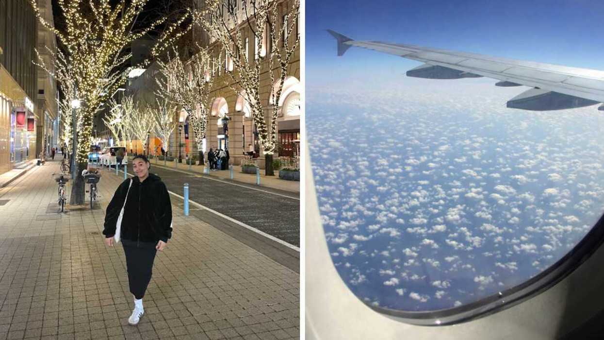 Person on a street. Right: A plane window.