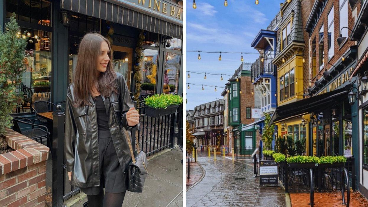 Person on a street. Right: A small town street.