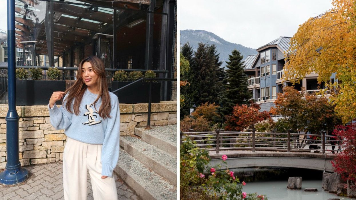 Person on a street. Right: A small town.