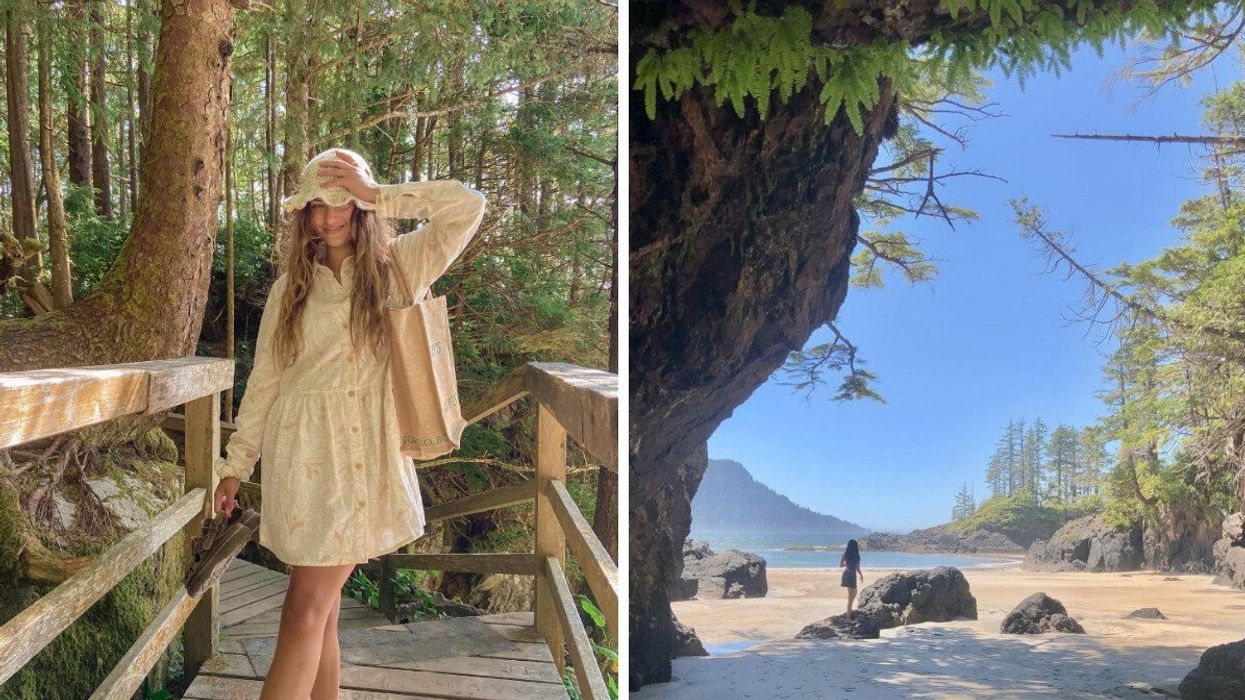 Person on a trail. Right: A beach.