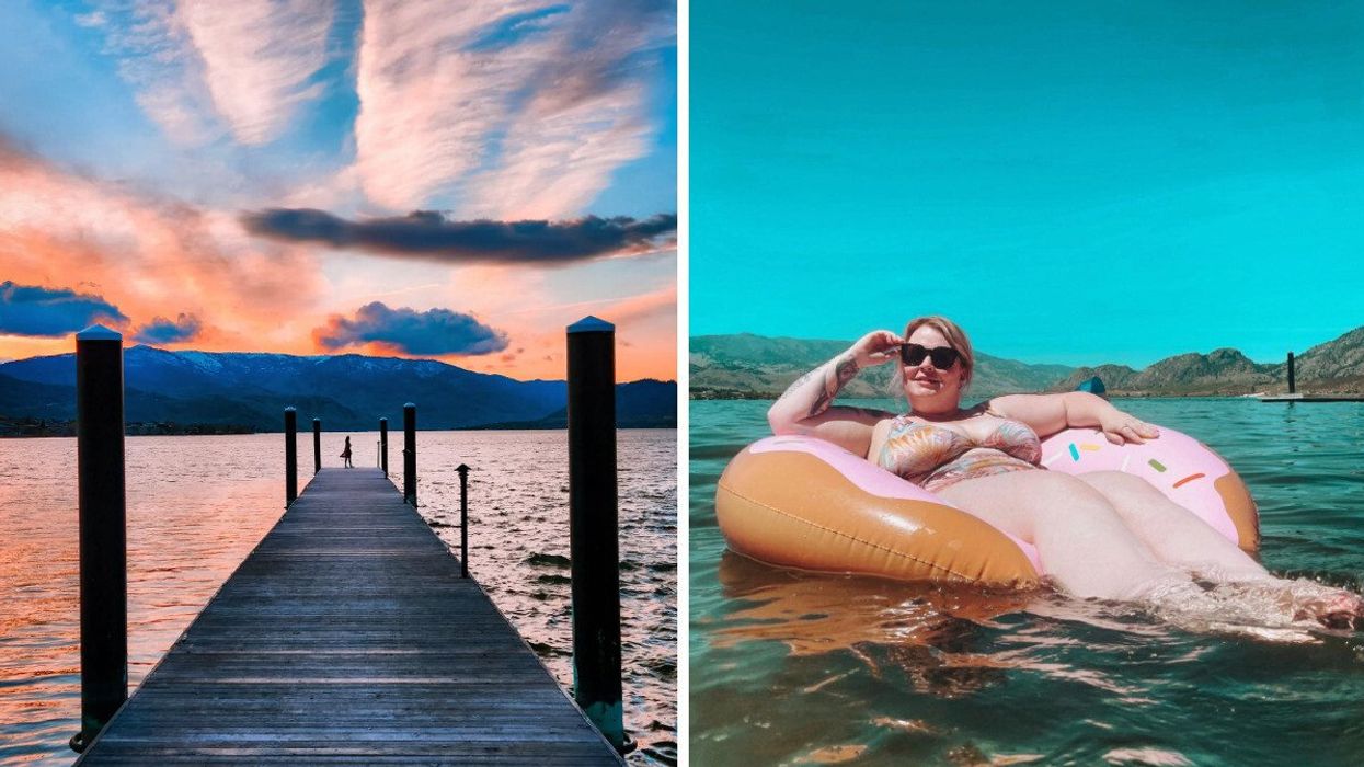 Person on a wharf. Right: Person in the water.