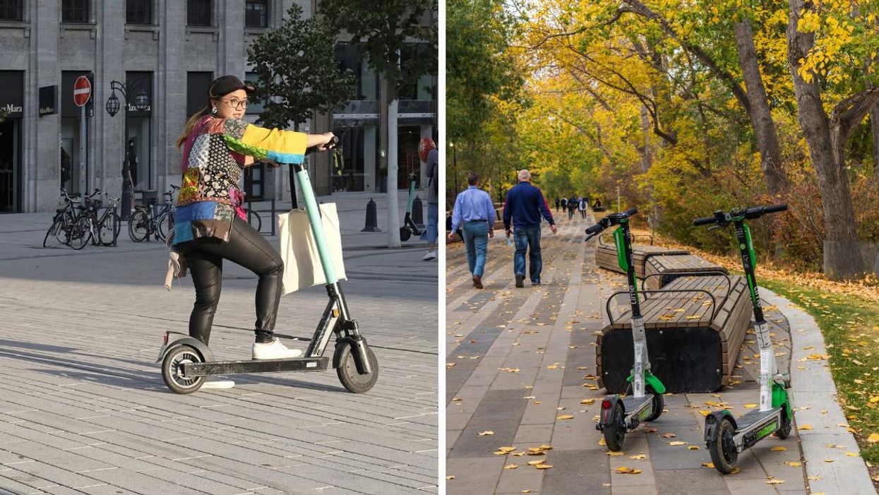 Person on an e-scooter. Right: Parked e-scooters in a park.