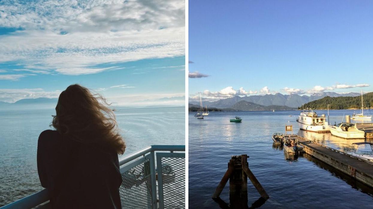 Person on B.C. Ferries. Right: Gibsons, B.C.