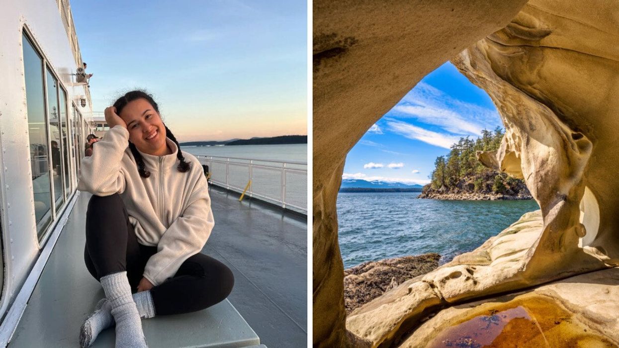 Person on BC Ferries. Right: Galiano Island, Gulf Islands.