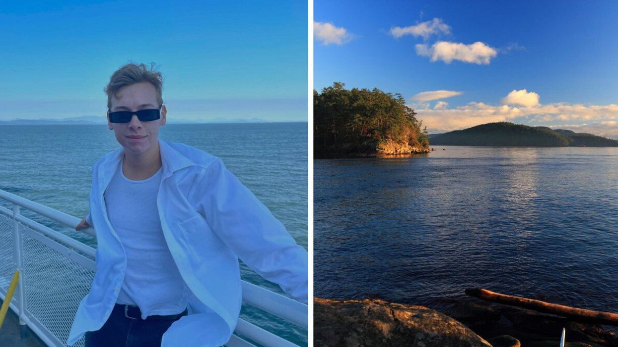 Person on BC Ferries. Right: Gulf islands in B.C.