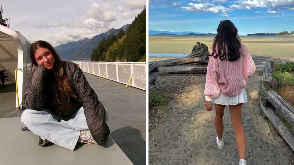 Person on BC Ferries. Right: Person walking onto a beach.