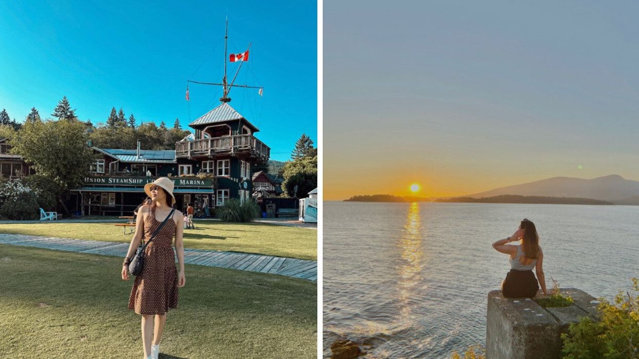 Person on Bowen Island. Right: A sunset view.
