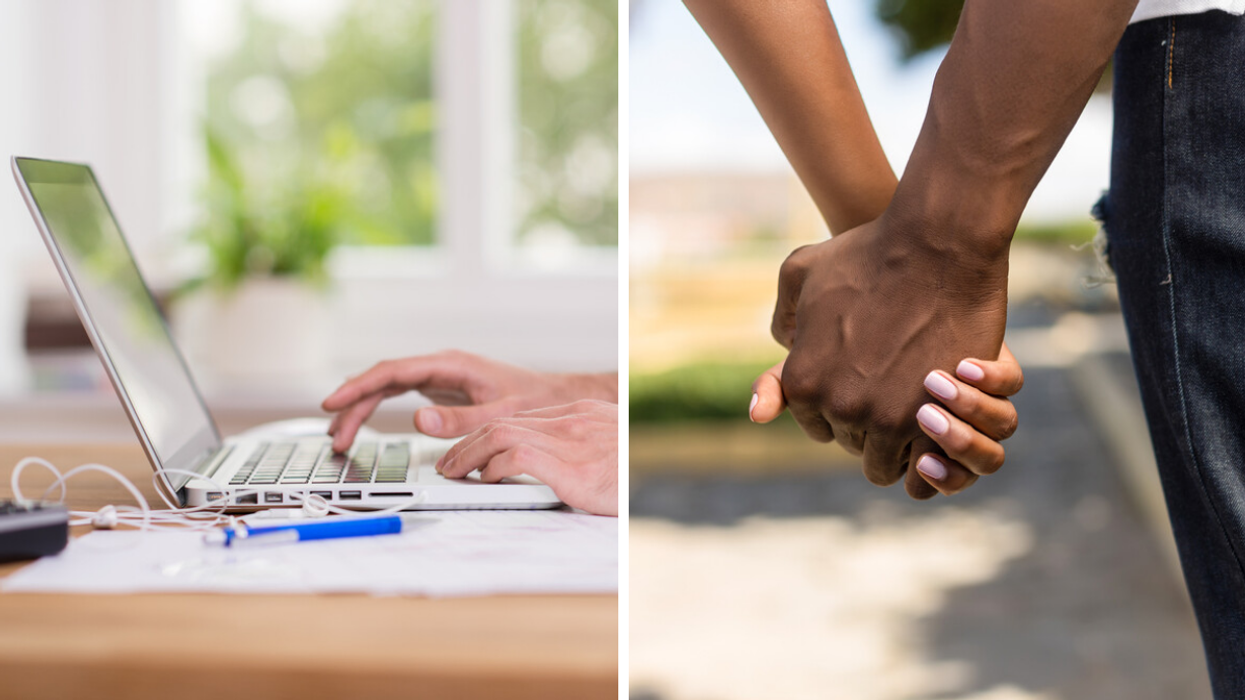Person on computer. Right: People holding hands.