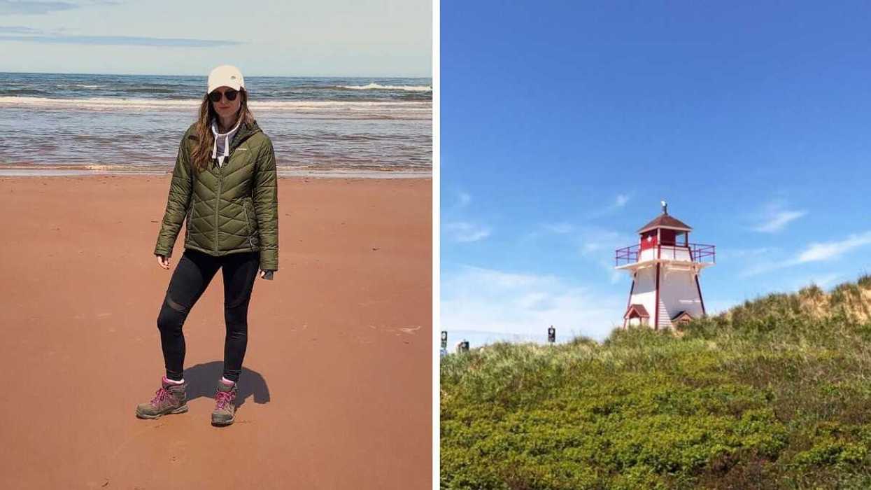 Person on PEI beach. Right: PEI lighthouse.
