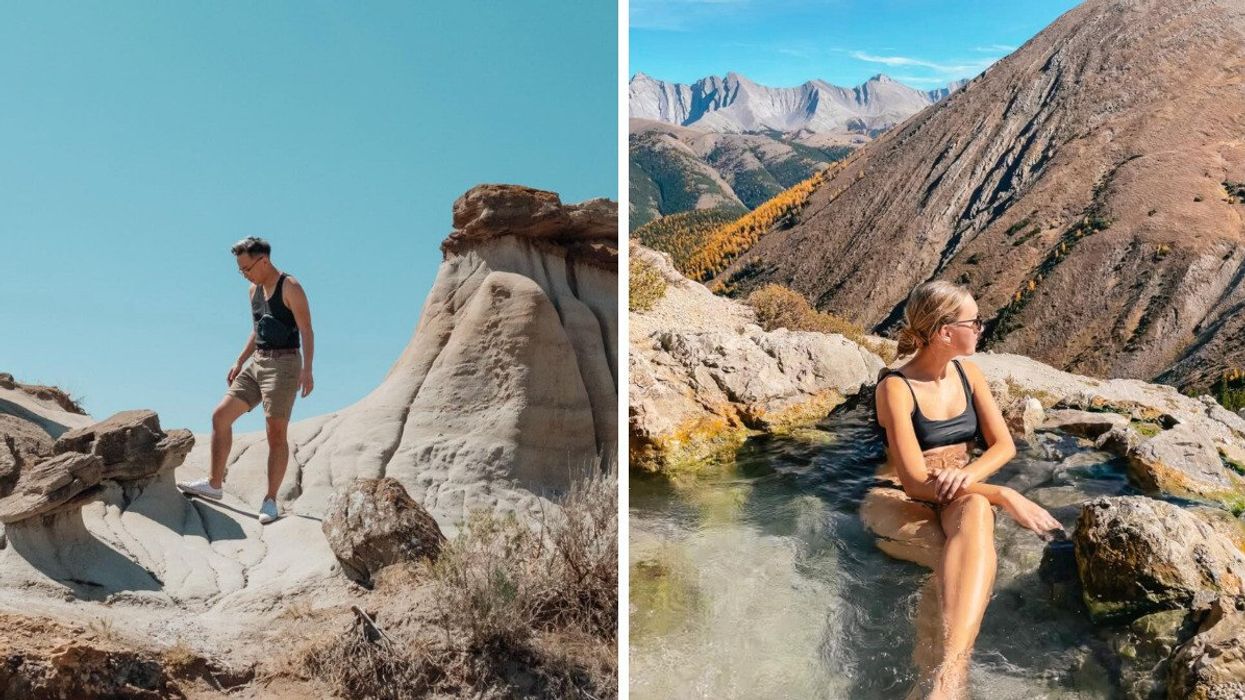Person on sandstone rocks. Right: Person in a hot spring in the mountains.