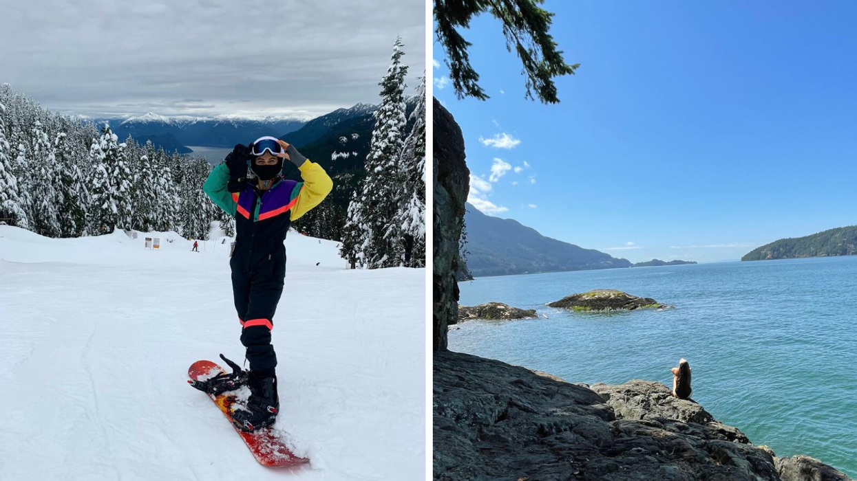 Person on snowy mountain in snowboarding gear. Right: Sunny view of the ocean and mountains in B.C.