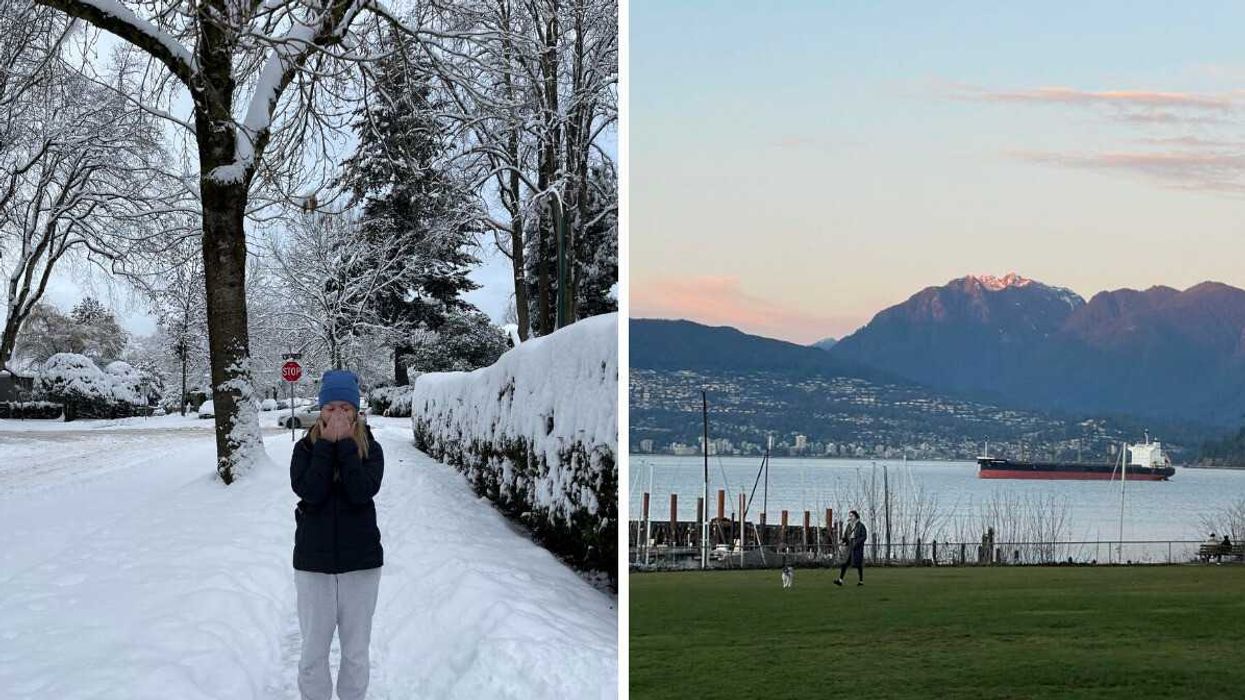 Person on snowy street. Right: Sunset view with mountains and ocean