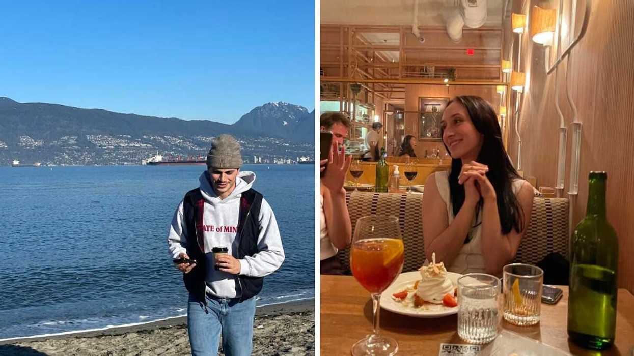 Person on the beach with mountains in back. Right: Person smiling at restaurant
