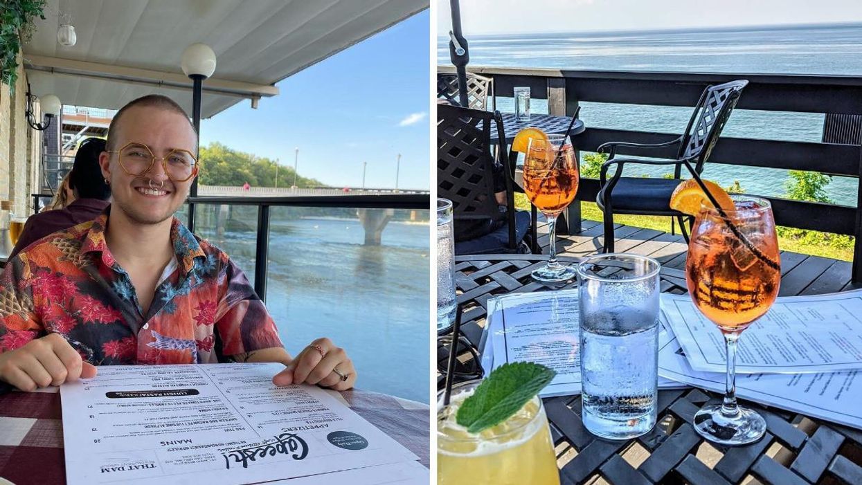 Person on the patio at Capeesh Craft Kitchen & Cellar. Right: Drinks on a patio table at Lake House Restaurant.