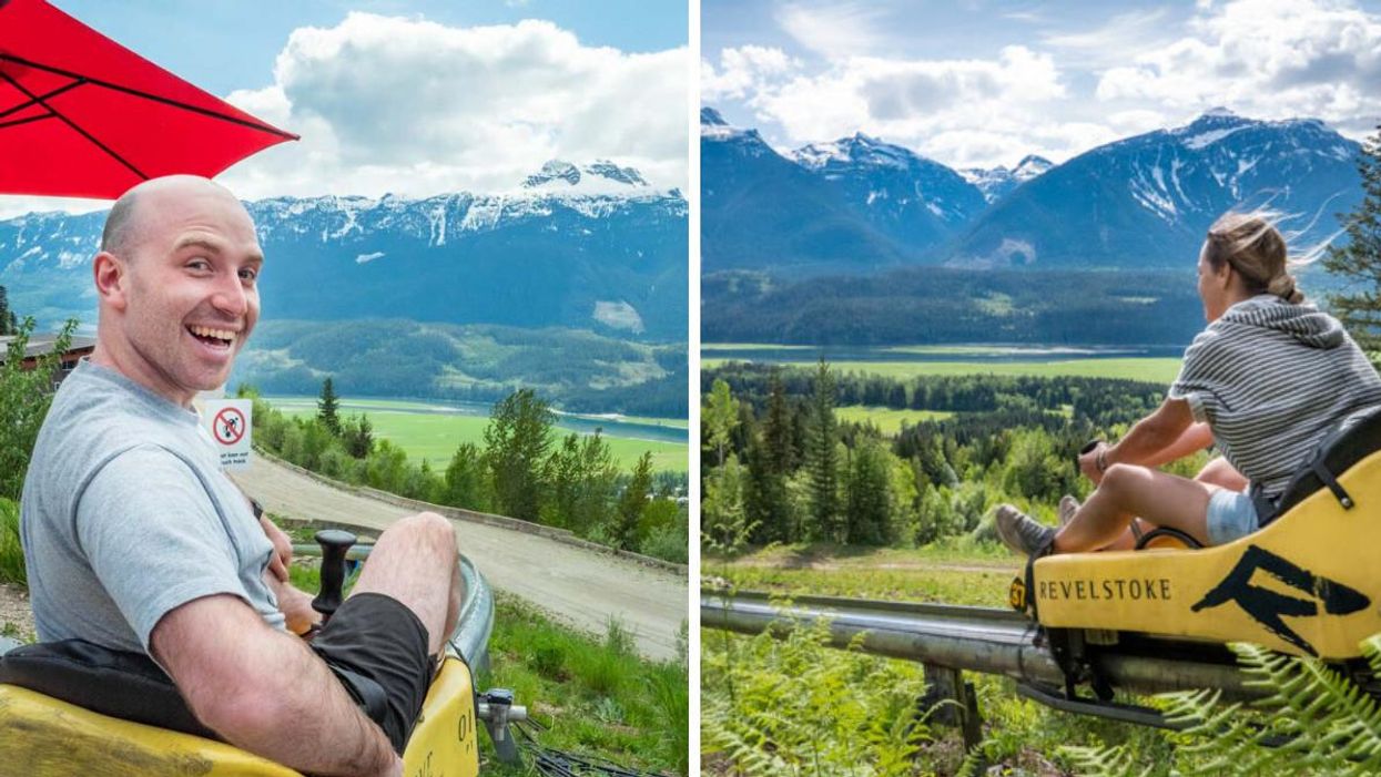 Person on The Pipe Mountain Rollercoaster at Revelstoke.