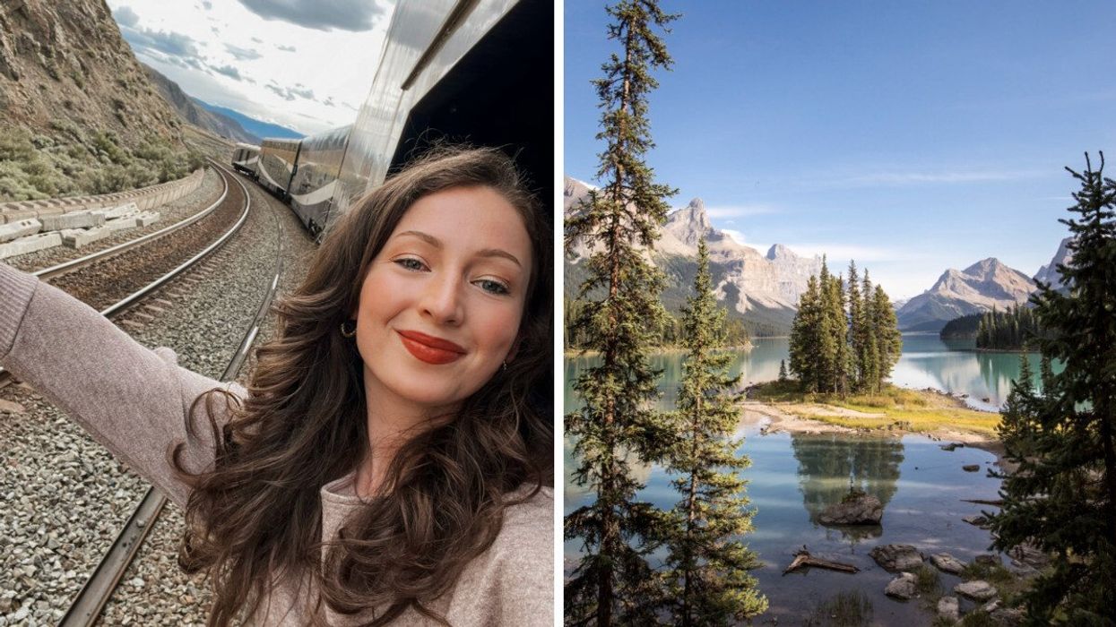 Person on the Rocky Mountaineer. Right: Jasper, Alberta.