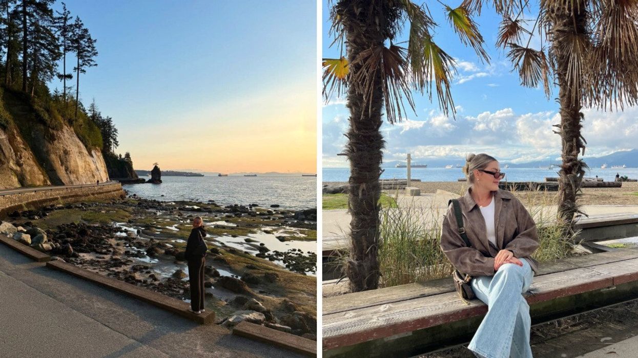 Person on the seawall. Right: Person on a beach.