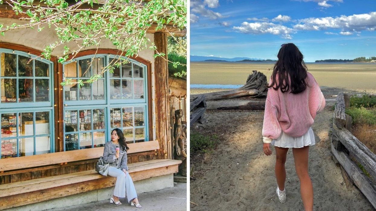 Person outside of a store. Right: Person waking onto a beach.