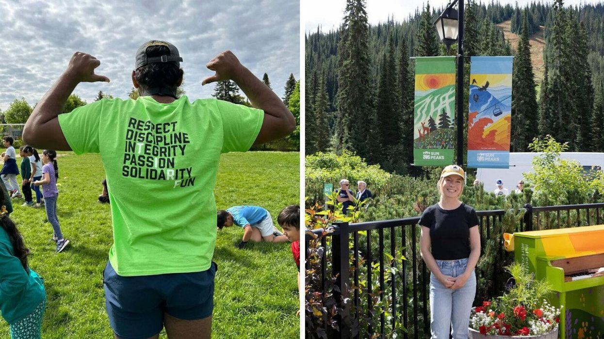 person outside with Toronto Inner-City Rugby Foundation. right: person at Sun Peaks Resort in bc