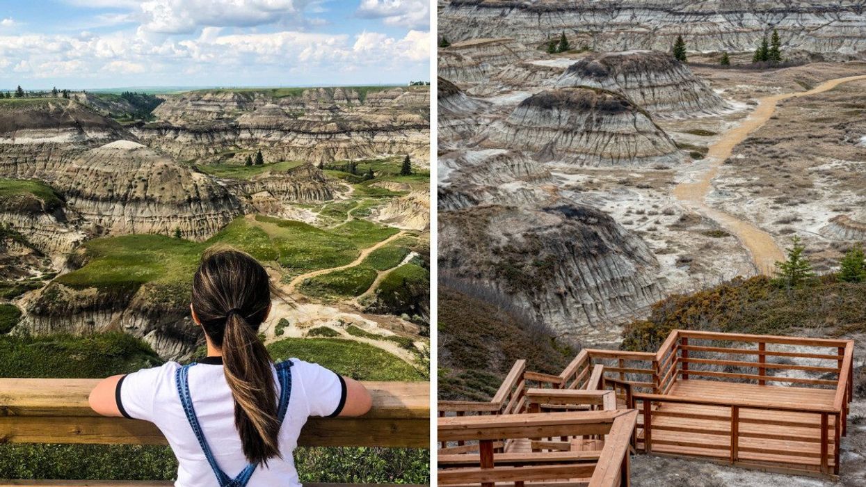 Person overlooking a view. Right: A boardwalk on a hike.