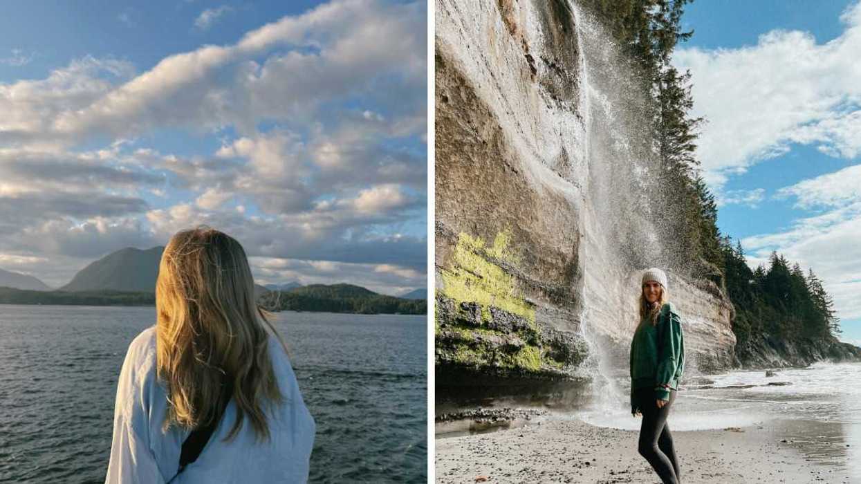 Person overlooking the water and mountains. Right: Someone standing by a waterfall.